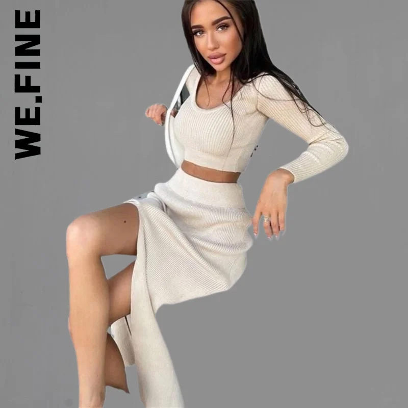 

We.Fine Women Set New Retro Long Sleeve Pullover Top & Split Skirt 2 Piece Set Chic Vintage Women's Tracksuit Set Female