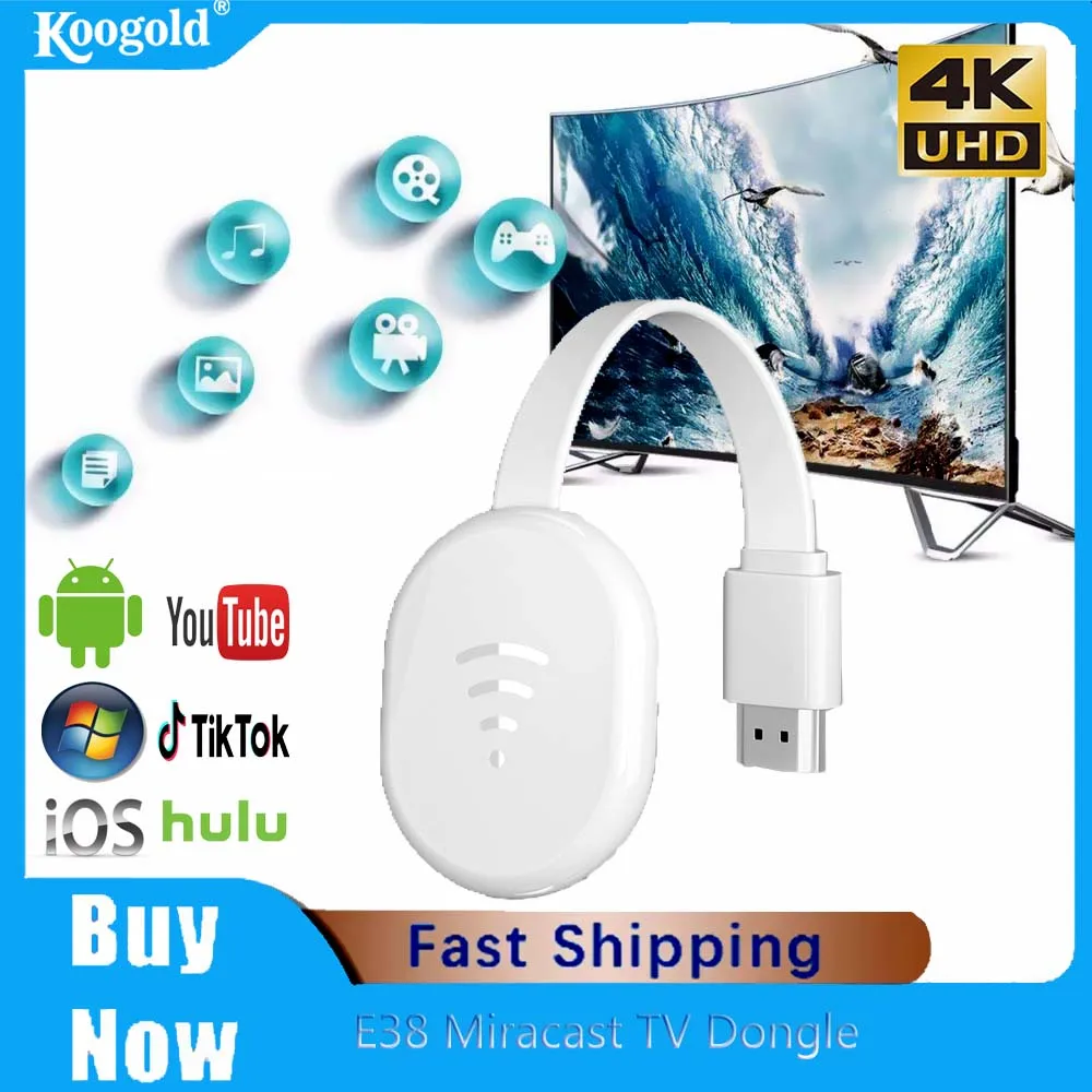 

ТВ-адаптер Koogold E38 Miracast Anycast HDMI, совместимый с iPhone, Android, IOS, 1080P, зеркальный экран, беспроводной Wi-Fi-дисплей, приемник