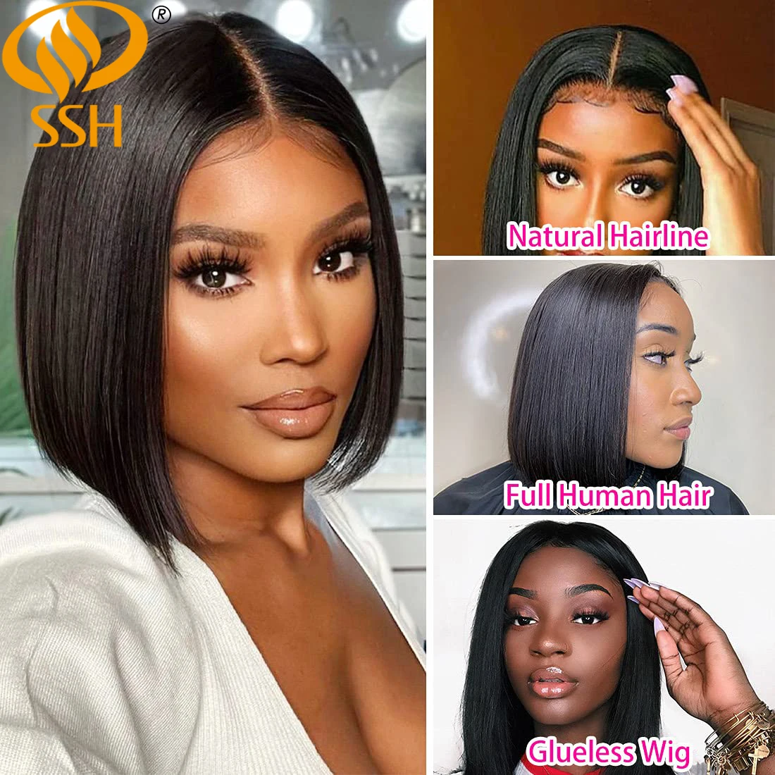 SSH Straight Short Bob Human Hair Wigs for Black Women Lace Part Brazilian Hair Wigs Remy Hair Middle Part Side For Brown Women