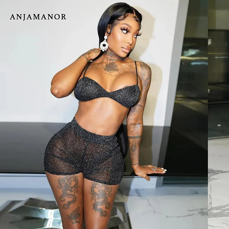 

ANJAMANOR Glitter Sheer Mesh Bodycon Two Piece Sets Womens Outifits Sexy Nightclub Crop Top and Shorts Matching Sets D87-BZ12