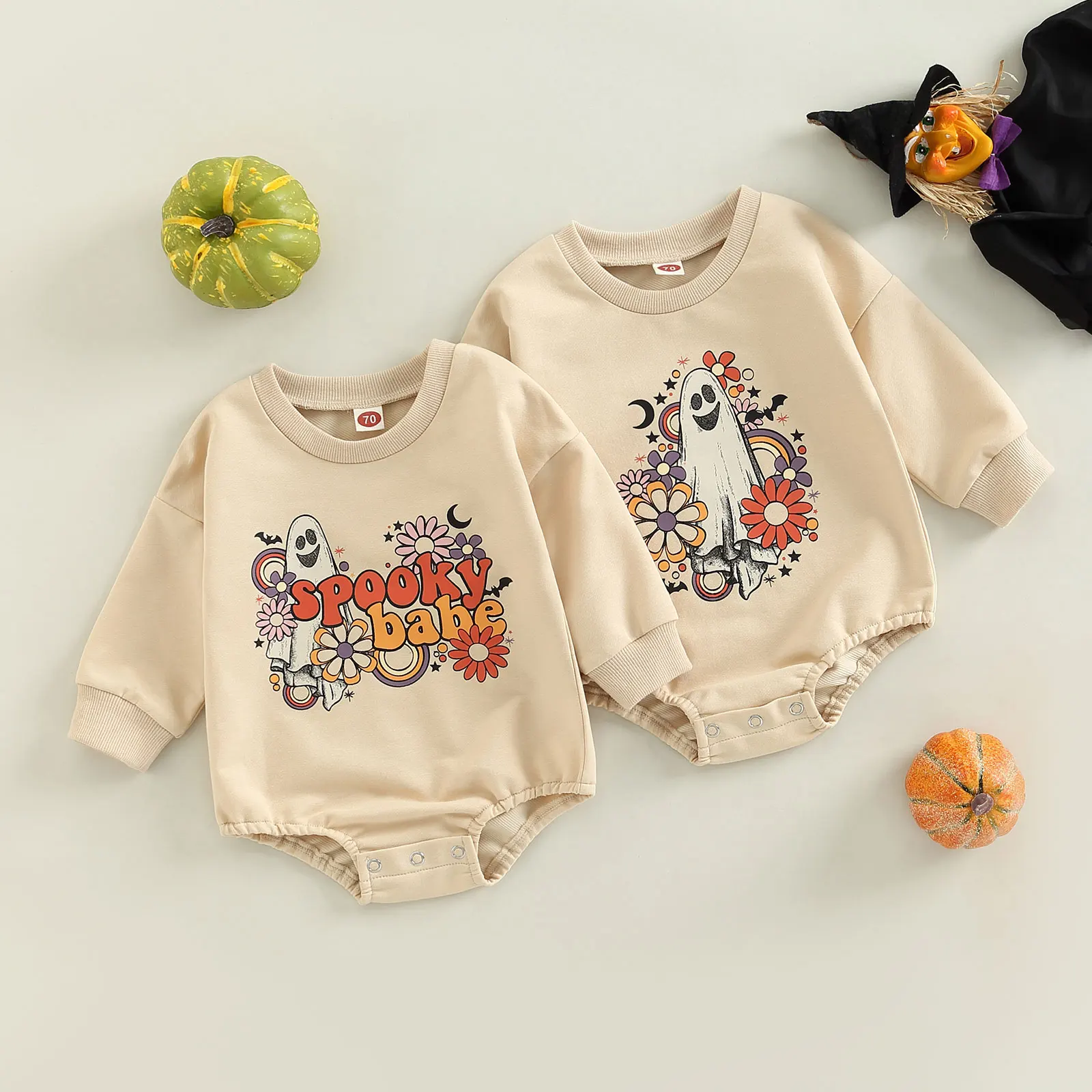 

Baby Girl Boy Halloween Romper Ghost Print Crew Neck Long Sleeve Sweatshirt Jumpsuit for Toddlers 0-24 Months