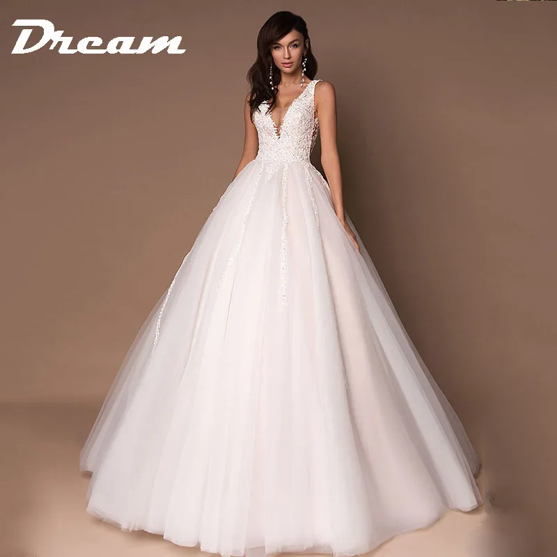 

DREAM Tulle Deep V-Neck Sleeveless Princess Wedding Dresses 2022 Puffy Beads Applique Bridal Dress Ball Gown Vestidos De Novia