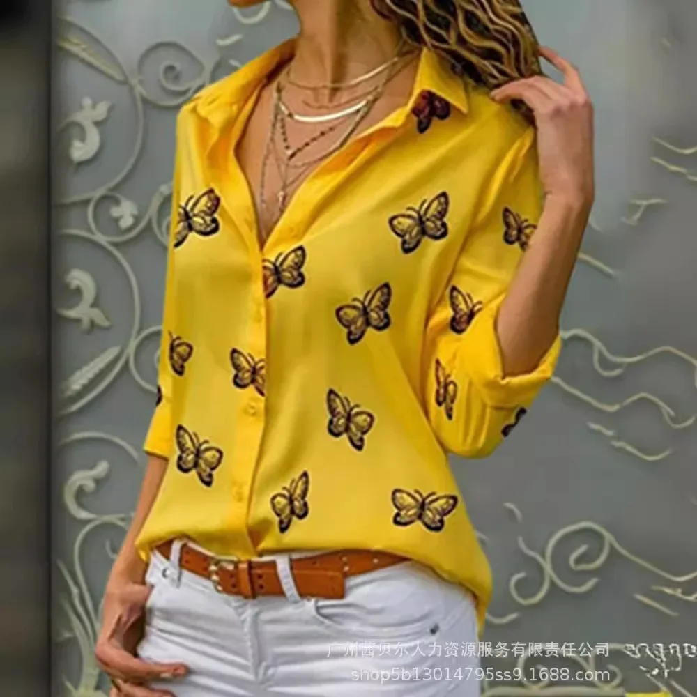 Женская рубашка с длинным рукавом желтая Свободная лацканами и принтом бабочки