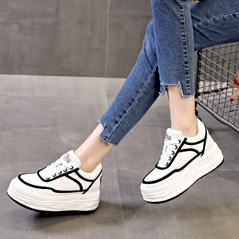 Spring Women Sneakers Genuine Leather Flat Platform Vulcanize Shoes Breathable Casual Internal Increase Shoes For Women