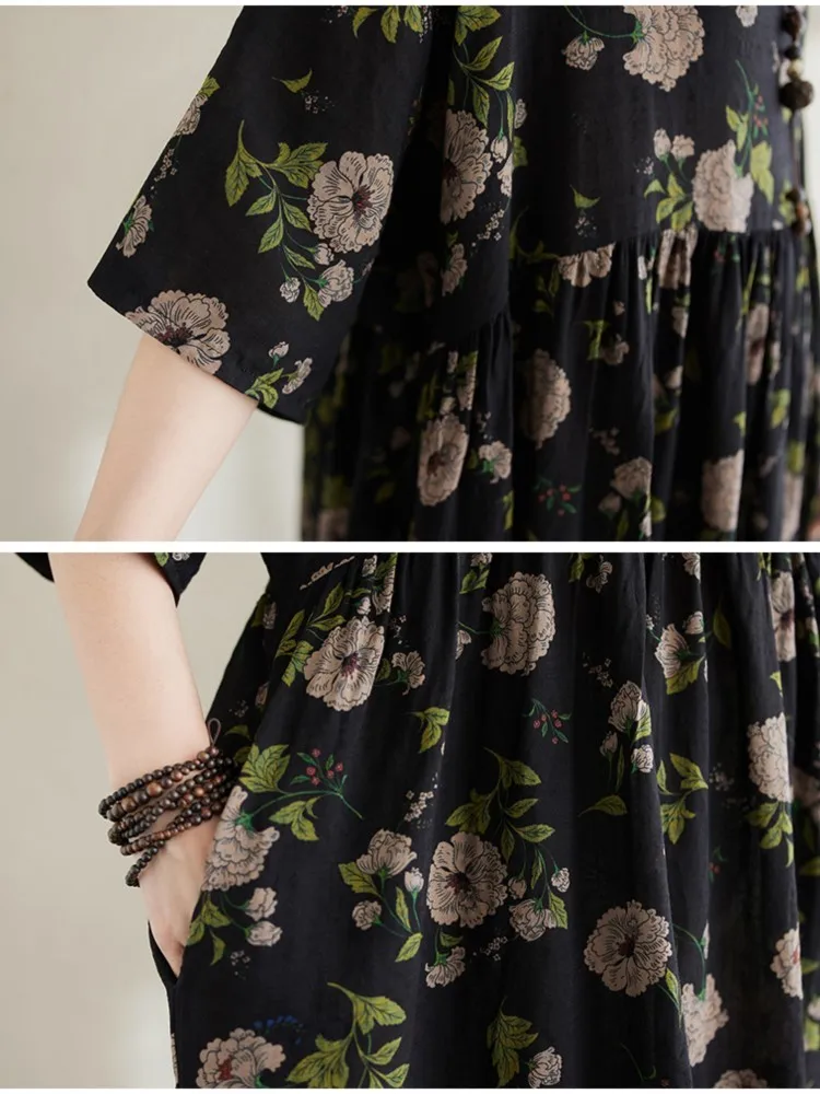 Платье женское длинное свободного кроя с цветочным принтом