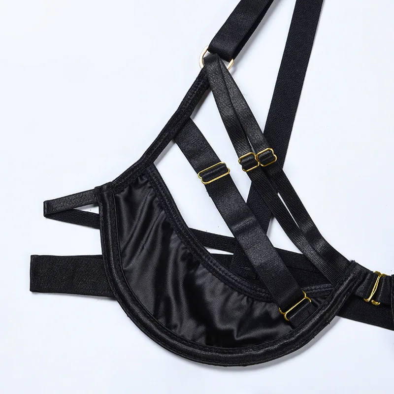 Ellolace Lingerie Sexy Fancy Underwear Hollow Out Kissy Bra 3-Pieces Garter Belt With Stockings Fetish Fantasy Intimate Set