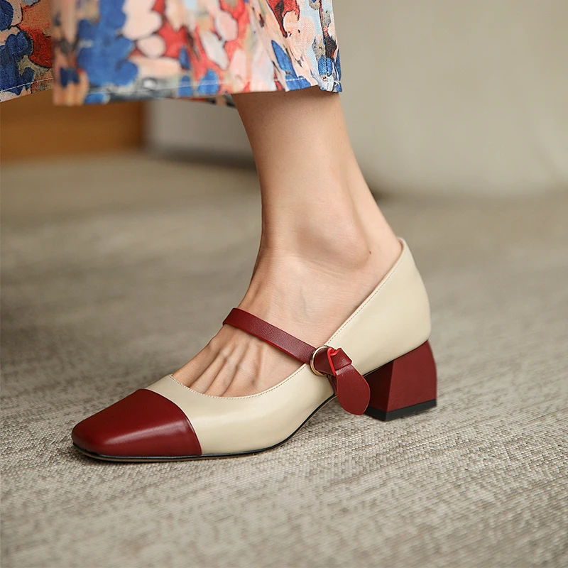 33-40 large size women's shoes with square toe cowhide stitching medium heel thick heel thin strap buckle women's shoes