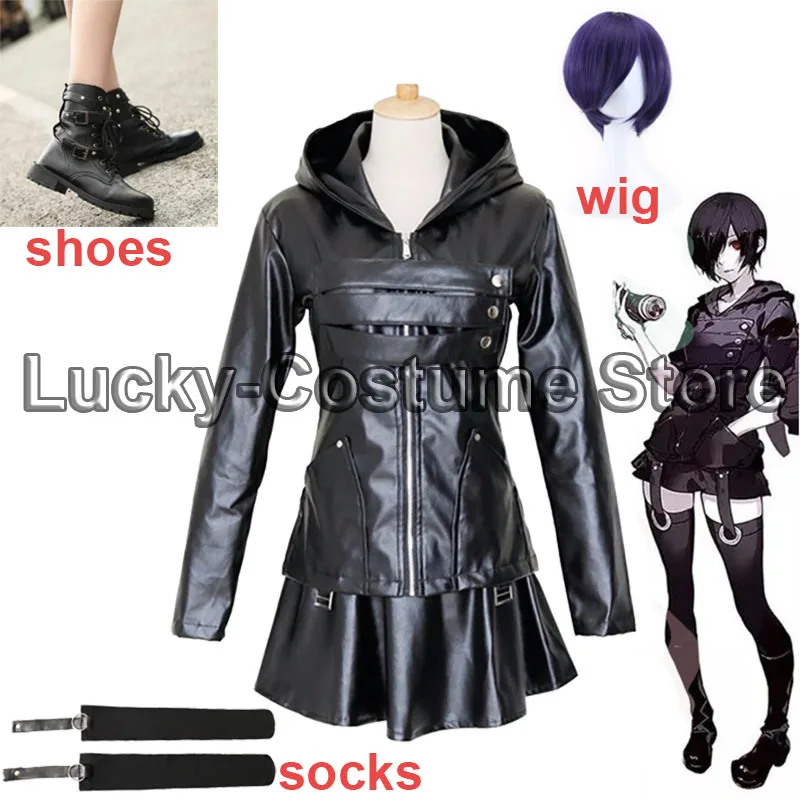 

Anime Tokyo Ghoul Touka Kirishima Cosplay Costume Full Set Uniform PU Leather Black Dress Hoodie Women Halloween Fighting Dress