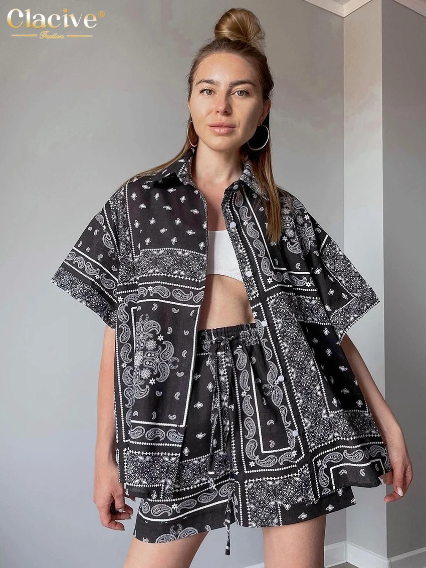 

Женский комплект из двух предметов Clacive, свободная рубашка с коротким рукавом и отложным воротником и шорты с высокой талией, лето 2023