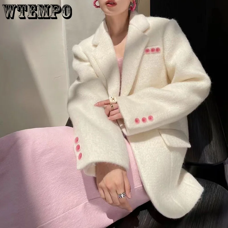 

Women Color Contrast Woolen-clothes Coat Casual Notched Collar Long Sleeve Female Fleece Woolen Blazer Outwear Autumn Winter