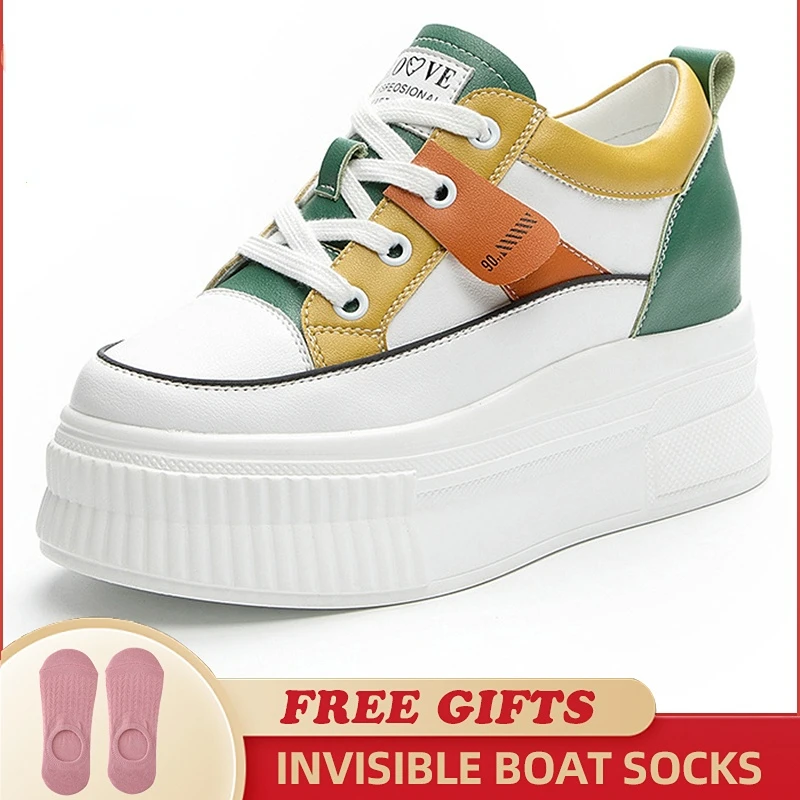 7cm Elevator Shoes Genuine Leather Hidden Heel Platform Wedge Chunky Sneakers Summer Autumn Women Lace Up Mixed Color  Shoes