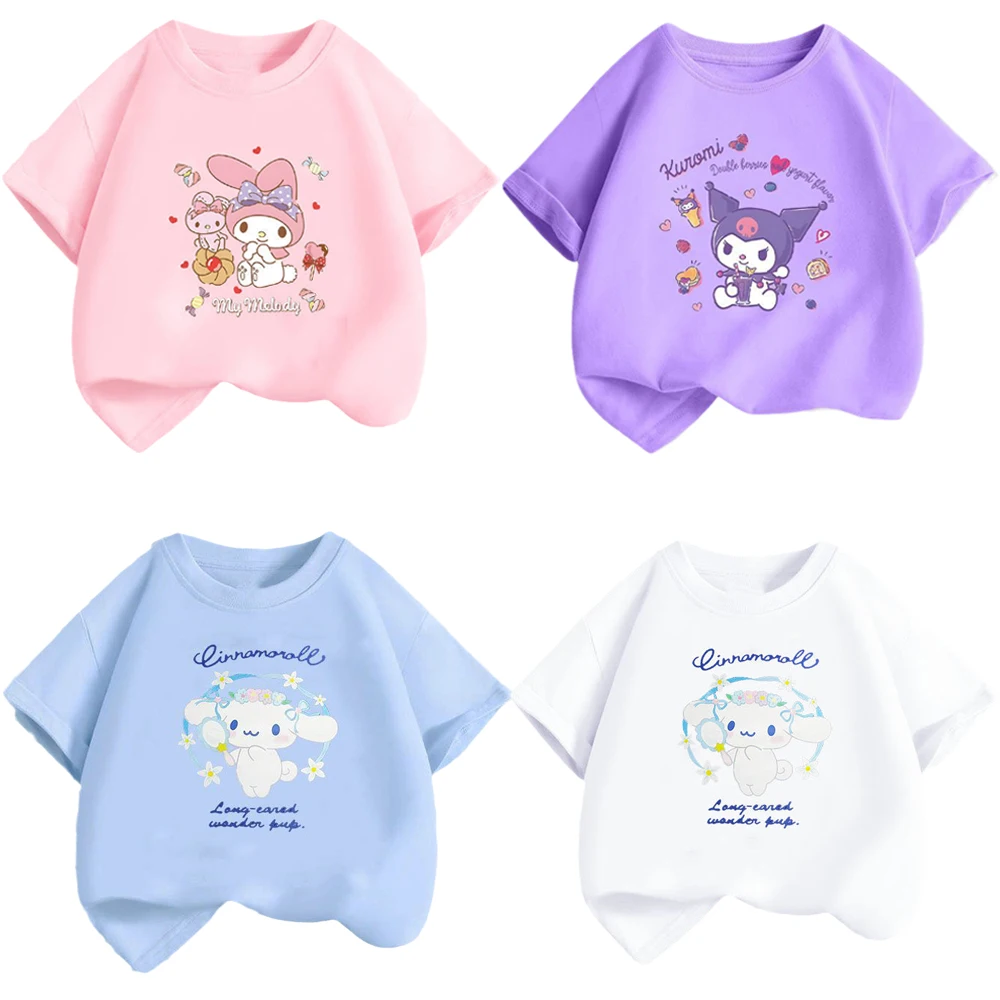 Sanrios Kuromi My Melody Cinnamoroll Children Dazzling Colors T-Shirt Girl Pure Cotton Short Sleeve Round Neck Cartoon Jacket