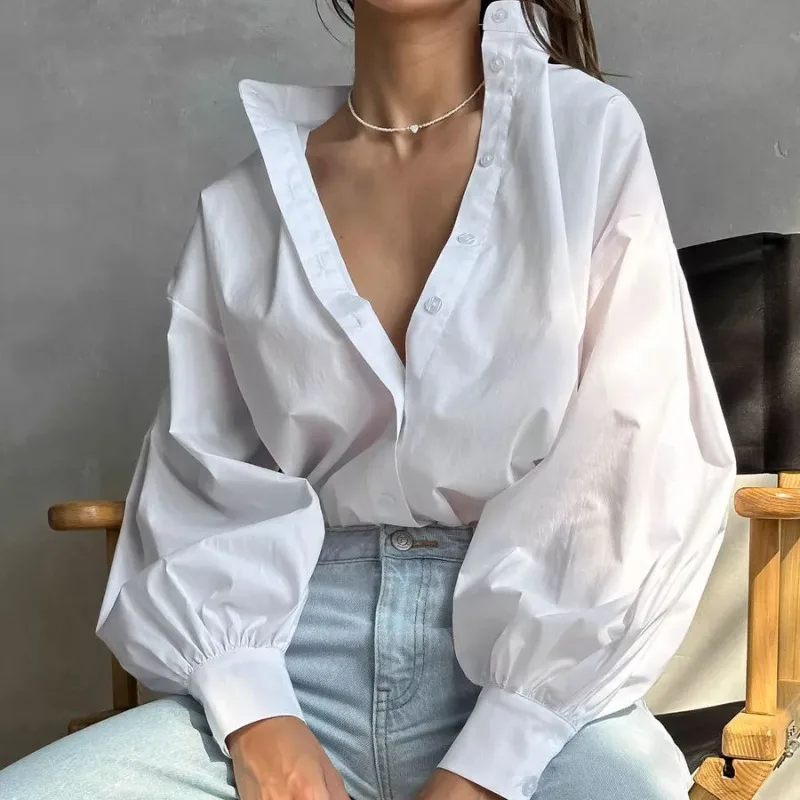 Женская рубашка с рукавом-фонариком Белая Летняя Свободная блузка