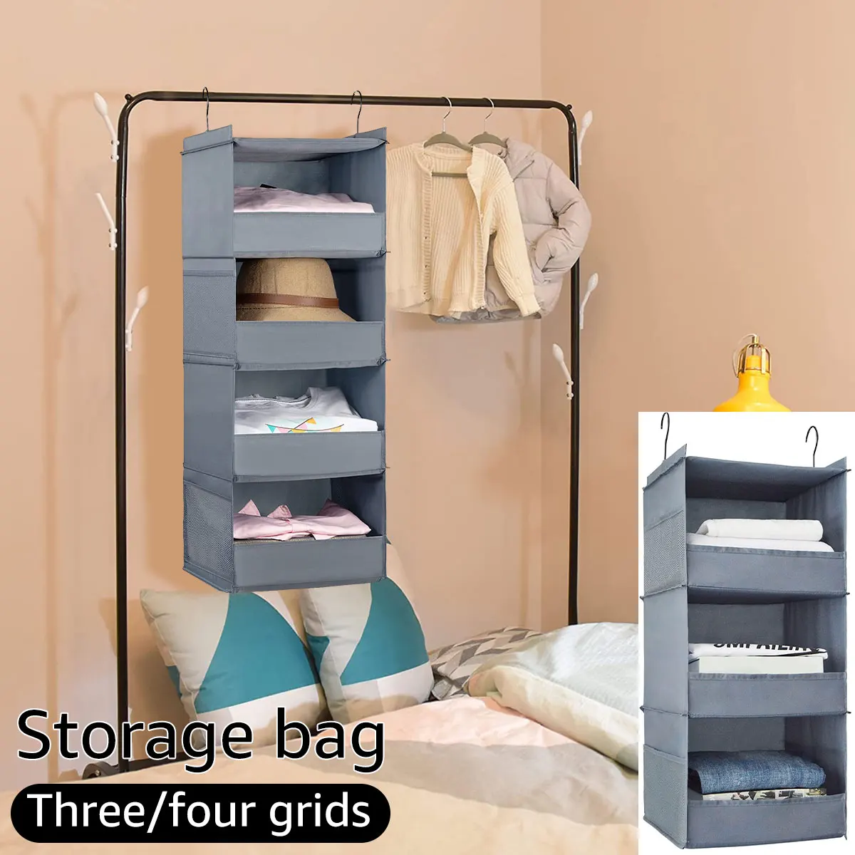 

3/4 Tier Hanging Wardrobe Organizer Collapsible Closet Hanging Shelves with Side Pocket Sturdy Durable Hanging Closet Organizers