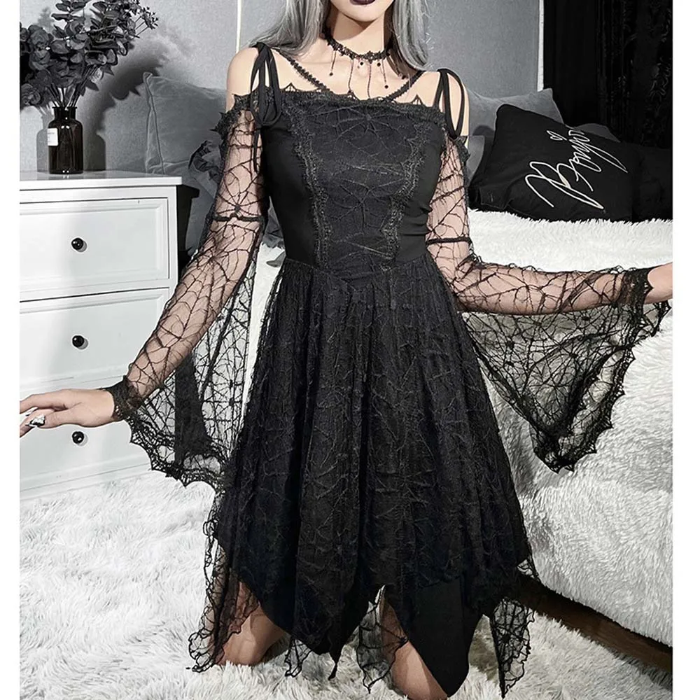 

Summer Women Dress Solid Color Long Sleeve Cobwebs Lace Patchwork Slim Pullover High Waist Gothic Style Sexy Ladies Dress