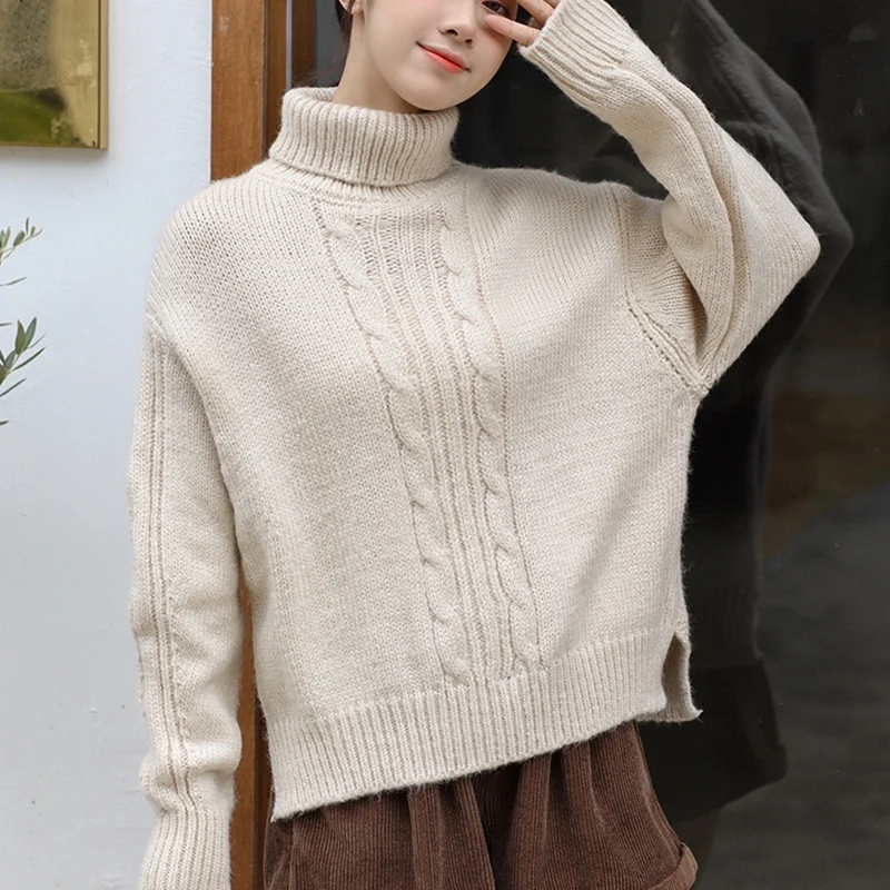 

Женский модный свободный плотный вязаный пуловер с высоким воротником свитер женский топ с длинным рукавом один размер