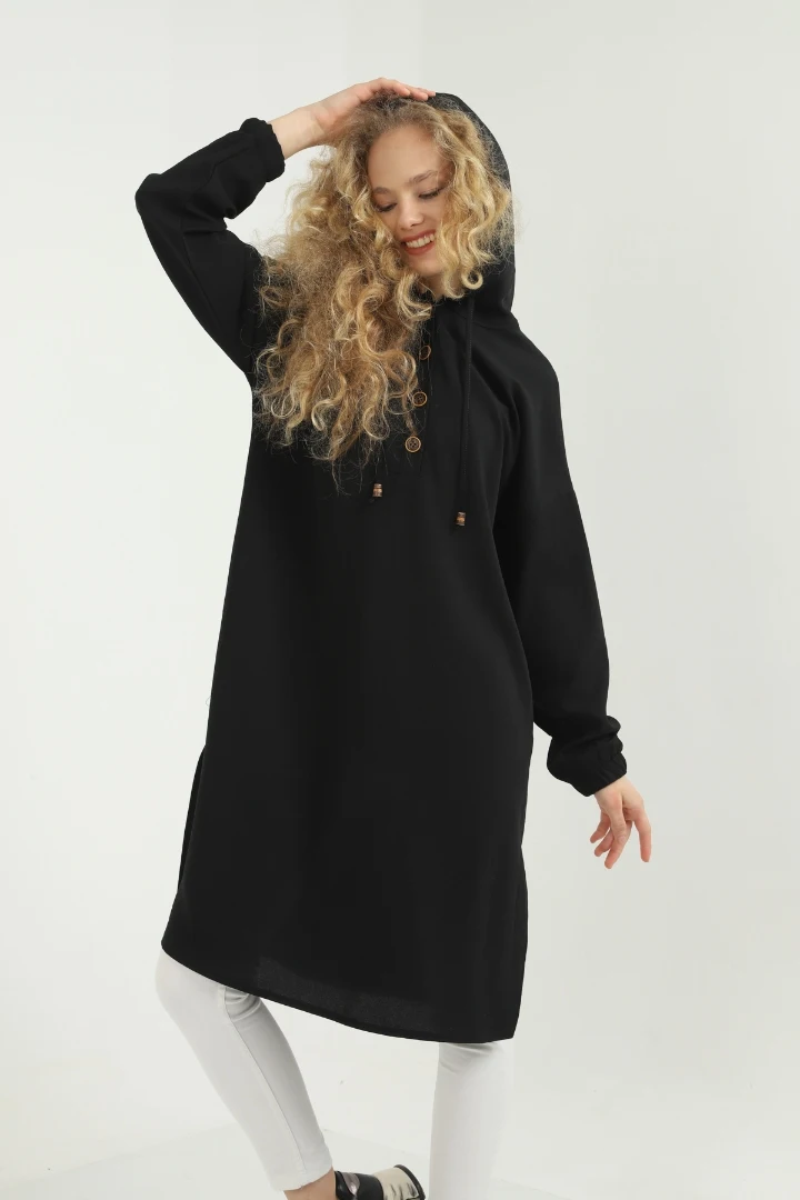 

Black Side Button Hooded Tunic new season casual loose cut plus size women top clothing