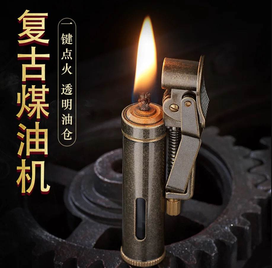 2022 New Copper Kerosene Lighter Visual Oil Tank One-key Ignition Retro Nostalgic Grinding Wheel Lighter Men's Smoking Gift