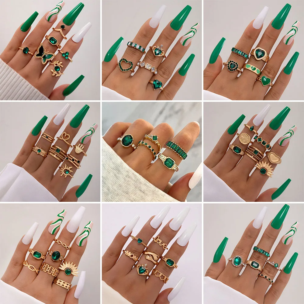 

Vintage Green Crystal Zircon Rings Set For Women Heart Butterfly Hug Geometric Gold Color Metal Finger Ring Trendy Party Jewelry
