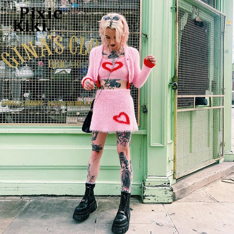 

PixieKiki Cute 3 Piece Set Pink Heart Knit Sweater Cardigan Cami Mini Skirts Sexy Y2k Outfit Dress Sets for Women 2022 P83-EA34