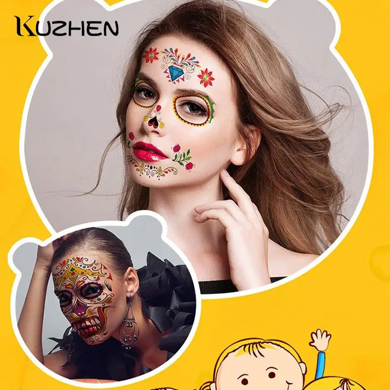 

Day Of The Dead Skull Face Dress Up 1 Sheet Facial Makeup Sticker Special Waterproof Halloween Party Face Tattoo Stickers