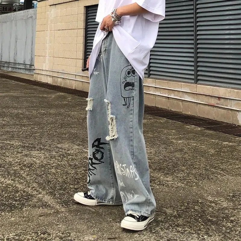 Y2k Men Korean Streetwear Harajuku Vintage Jeans Graffiti Wide Leg Baggy Straight Denim Pants Cartoon Grunge Trousers Clothes