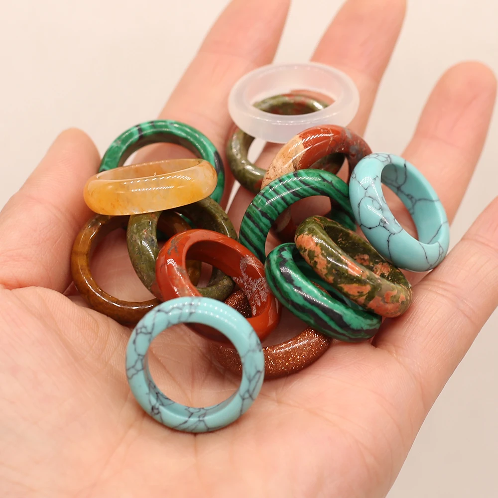 

5 Pcs/Lot Round Natural Stone Rings Rose Quartz Malachite Blue Turquoise Red Agate White Jade Ring For Women Jewelry Accessories