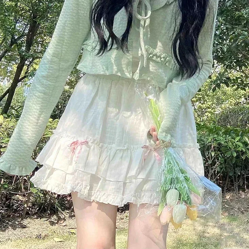 

Милая Белая Мини-юбка с оборками для женщин в японском стиле милая Лолита с бантом Лоскутная Высокая талия сказочная короткая юбка