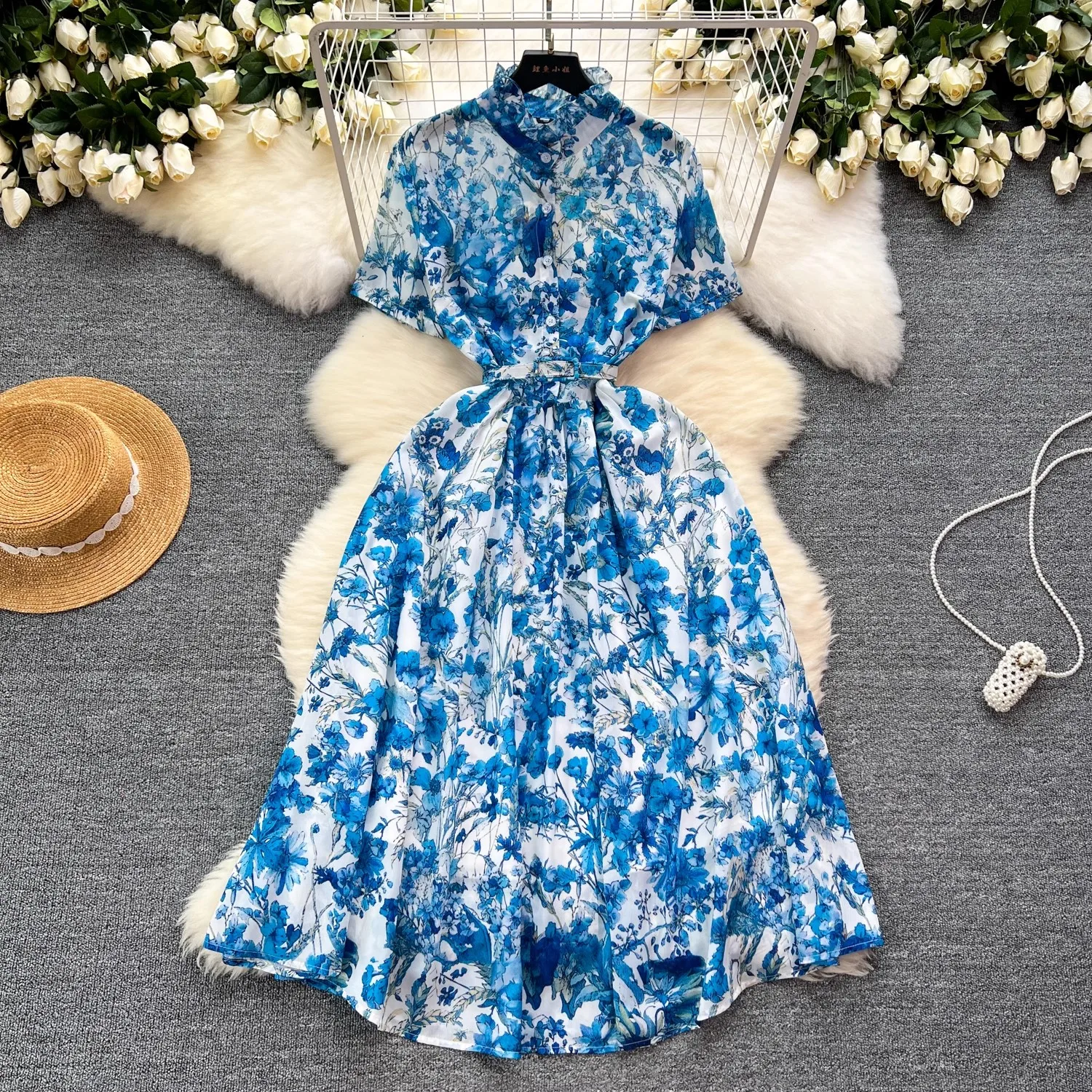 Женское винтажное платье-рубашка с цветочным принтом