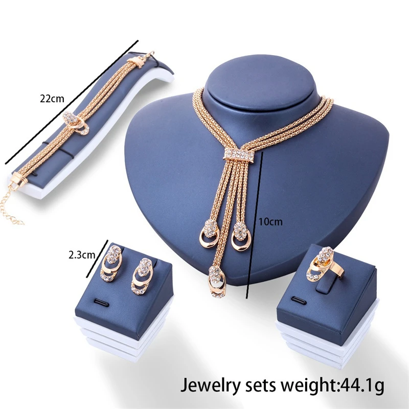 

Fashion Women Jewelry Set Multilayer Rhinestone Pendant Necklace Earrings Bracelet Ring Bridal Jewelry Sets Golden Color