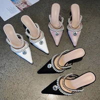 2022 spring and summer new style pointed toe rhinestone pearl high heeled half slippers woman