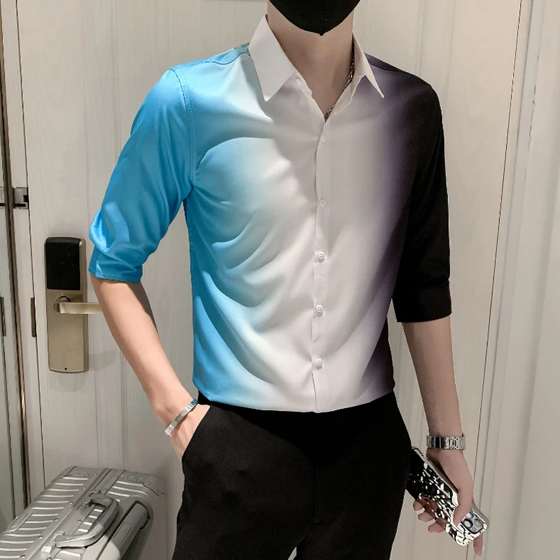 Рубашка мужская с коротким рукавом блуза квадратным вырезом облегающая сорочка