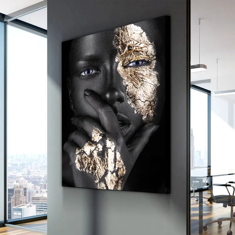 

African Black Gold Women Poster Prints Modern Black Person Photograph Canvas Painting Living Room Home Decor HD Wall Art Picture