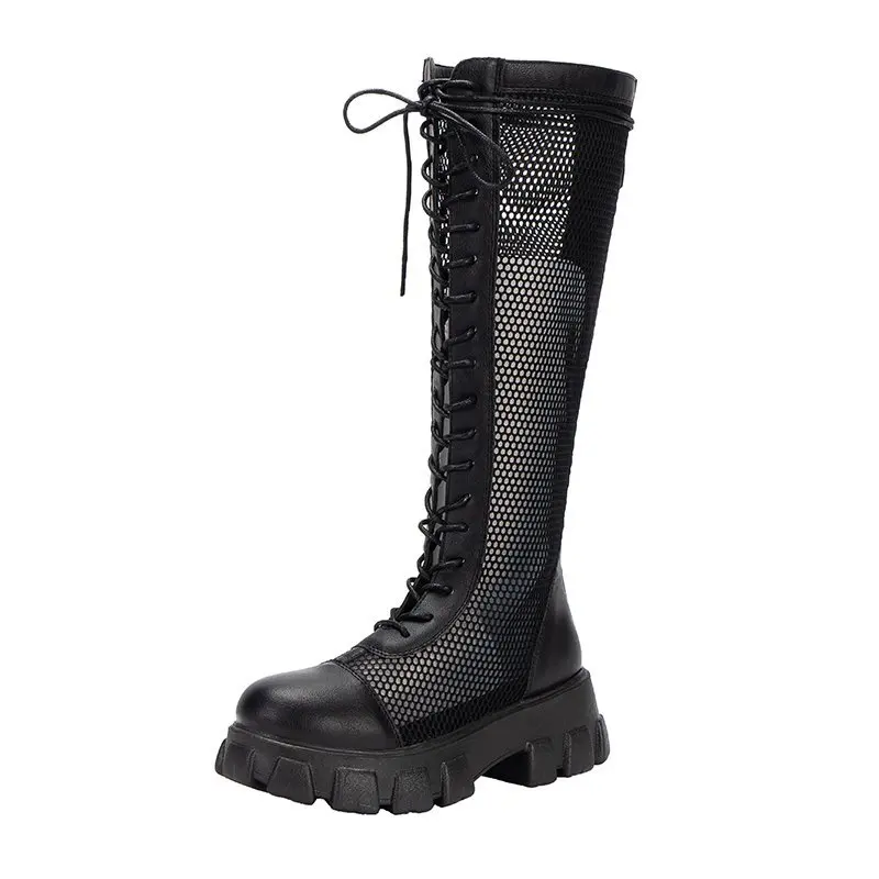 

Women's Short Boots Back Zipper Design Solid Color Hollow Out Breathable Faddish Round Toe Elegant Thick Sole Knee-High Boots