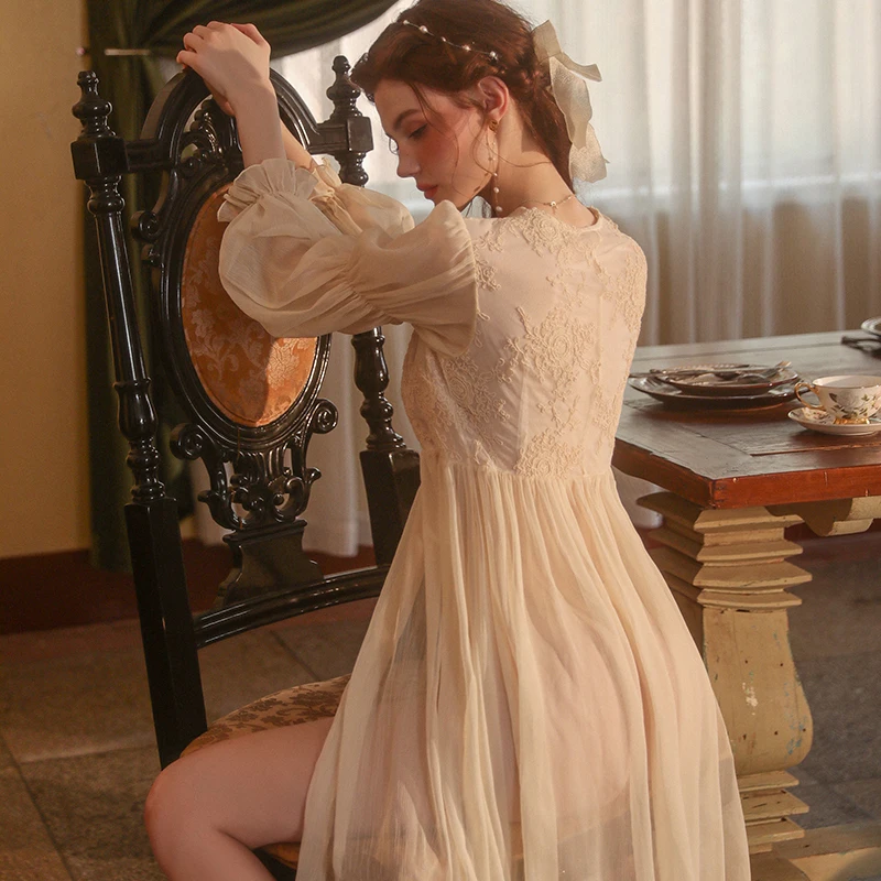 Lace Princess Dress Underwear Nightgown Sexy Perspective Charm Lace Court Style Robe Solid Color Women's Home Lingerie Sleepwear