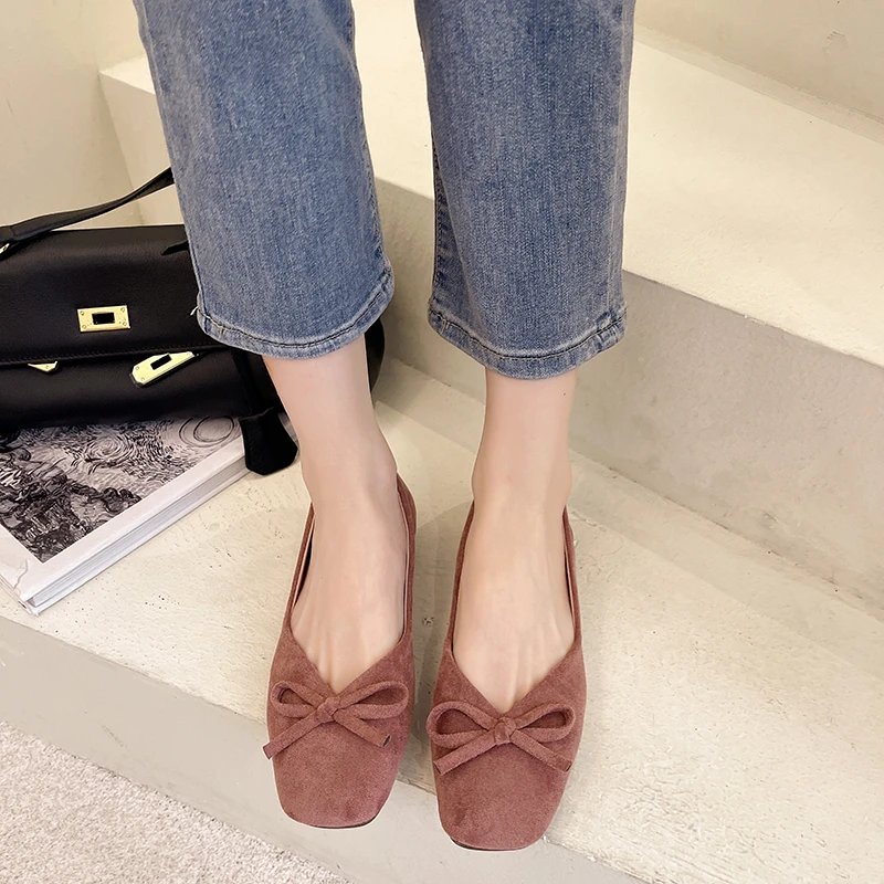 

Women Spring Casual Single Shoes 2022 New Ladies Square-toe Shallow Coloful Shoes One Pedal Bowknot Soft Bottom Peas Shoes Women