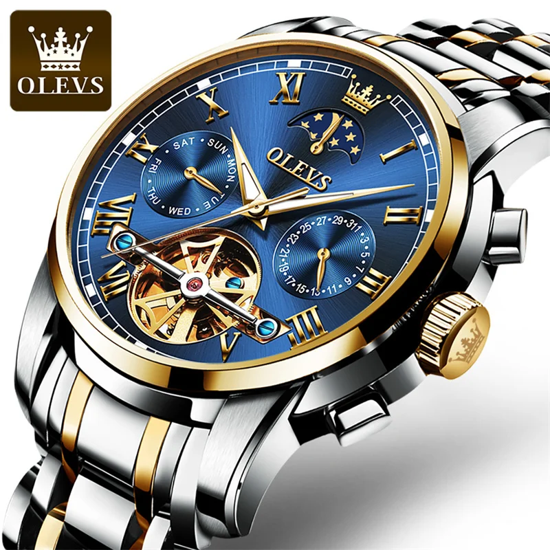 

OLEVS Top Brand Tourbillon Men Watches Automatic Mechanical Watch Waterproof Skeleton Luminous Moon Phase Watches Reloj hombre