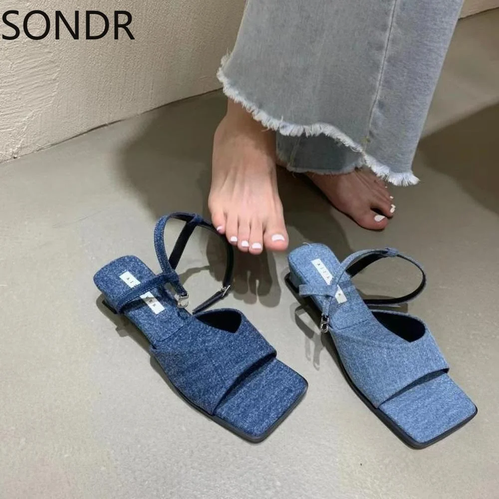 

Womens Denim Jeans Square Peep Toe Kitten Heel Sandals Shoes Retro Summer Blue Korean Styles 2022