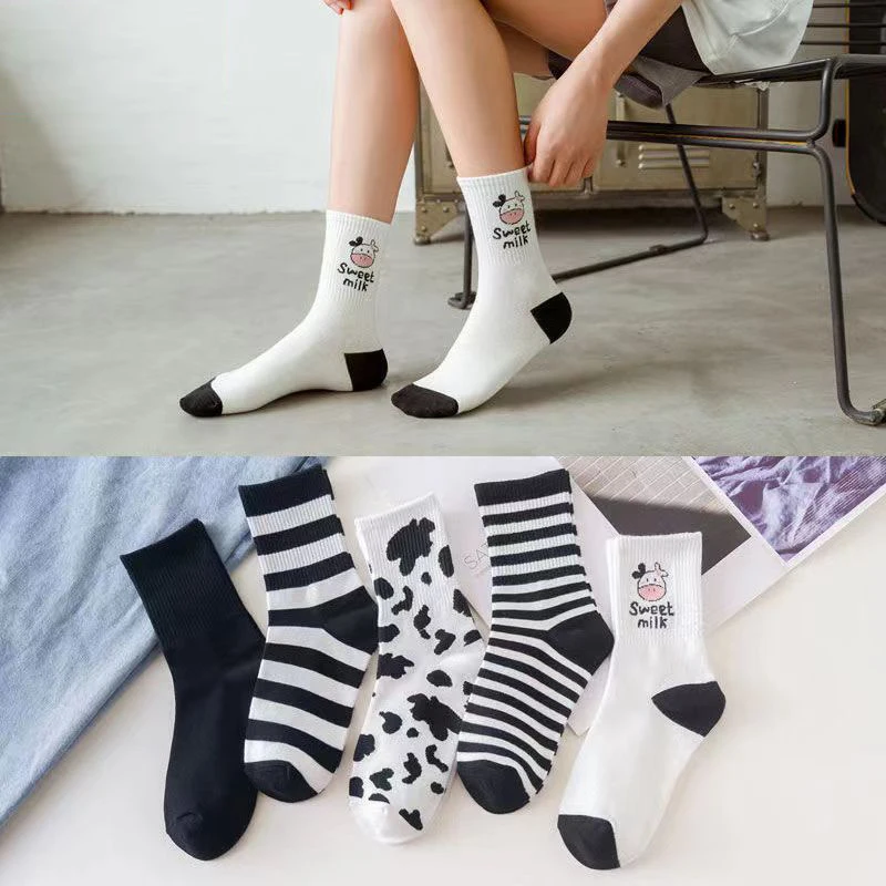 

New 5 Pairs Medium Tube Spotted Cow Polyester Cotton Women's Socks Sports Striped Letter Kawaii Long Tube Outdoor Tide Socks
