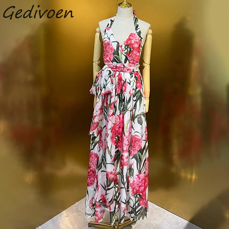 Gedivoen Summer Fashion Runway Vintage Carnation Print Dress Women Hang One's Neck Sleeveless Bow-frenulum High Waist Long Dress