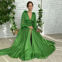elfin green evening dresses princess long puff sleeves deep v neck pleats chiffon formal party prom elegant woman side split