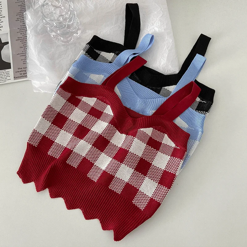 

Sexy Sleeveless Vest Women Casual Spice Girl Slim Plaid Top Femme Red Black Blue Camis
