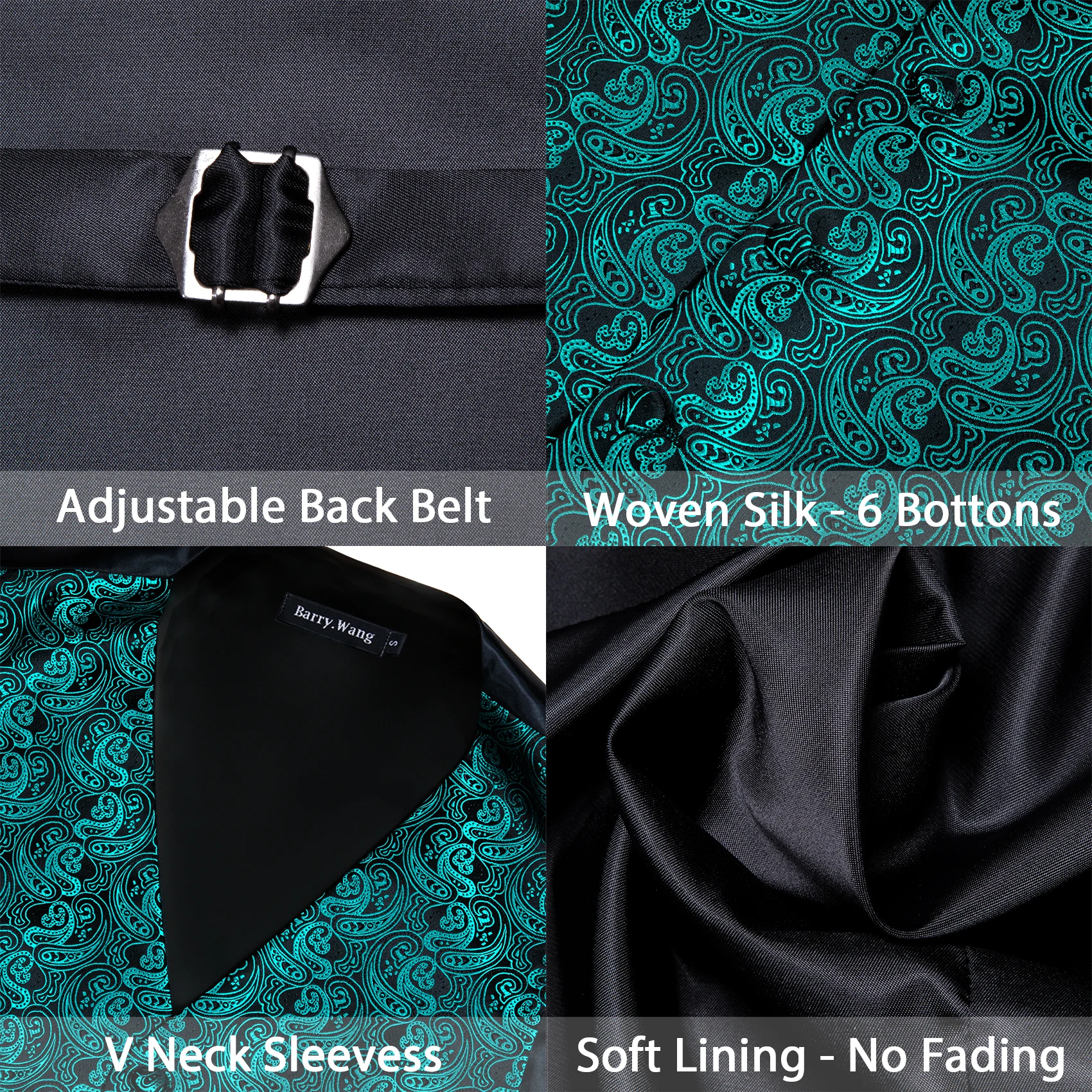 Green Silk Vest Waistcoat Men Slim Suit Vest Black Paisley Necktie Handkerchief Cufflinks Tie Vest Business Barry.Wang Design