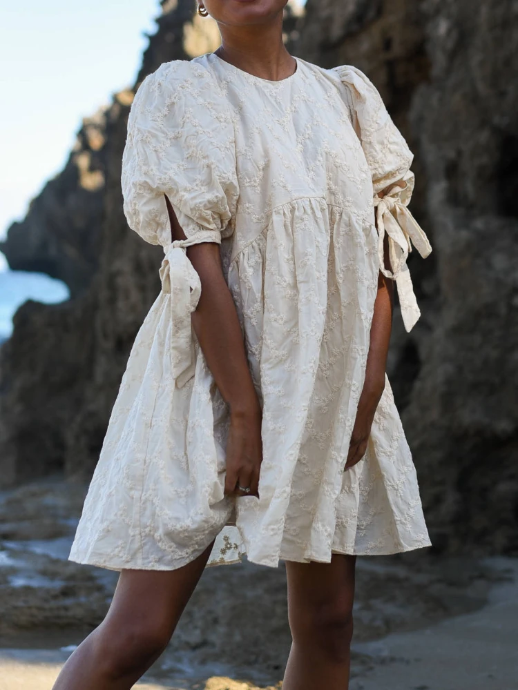 

White Dresses Summer Puff Short Sleeve Office Lady Vacation Casual Beach Wear Loose Outfits Embroidery Gowns for Women 2022 New