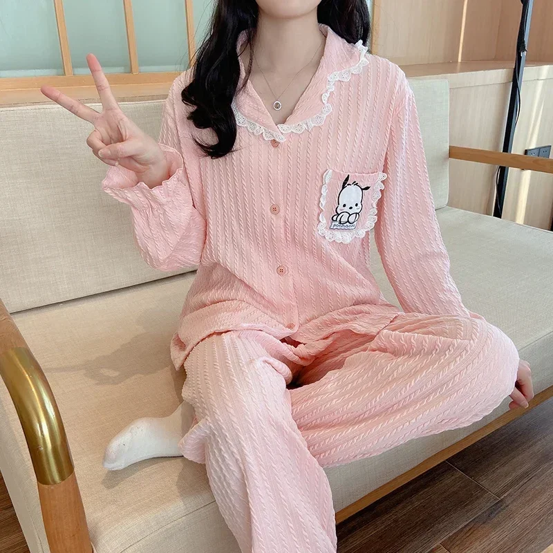 Sanrio Pacha Dog осенние хлопковые брюки с длинными рукавами удобные женские пижамы