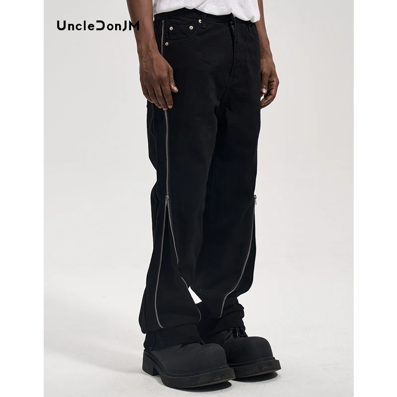 

UncleDonJM Double Open Large Zipper Jeans for Men Casual Loose VIBE Style Mopping Jeans Hip Hop Baggy Jeans Black Denim