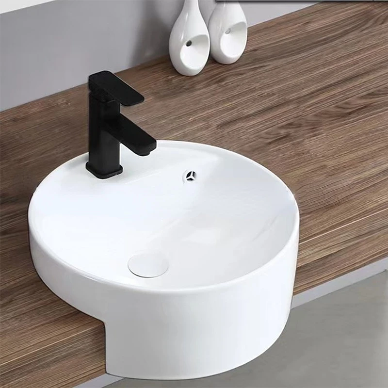 

Light Luxury Household Ceramic Basin Wash Basin Bathroom Semi-Embedded Basin Balcony Semi-Hanging round Counter Basin