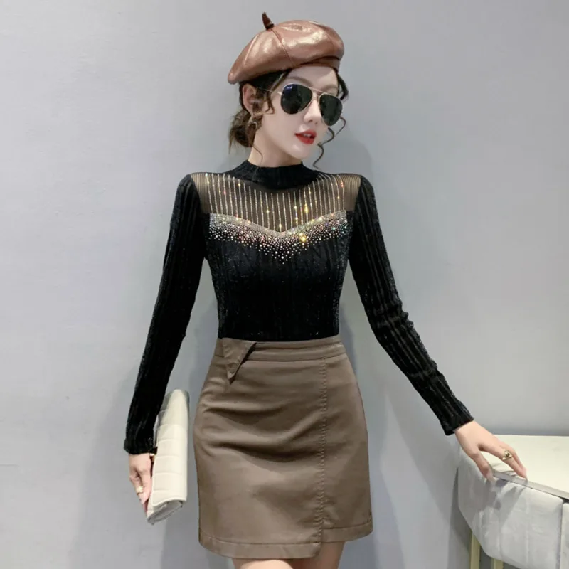 # 4206 Черно-коричневая футболка с длинными рукавами Женская круглым вырезом и