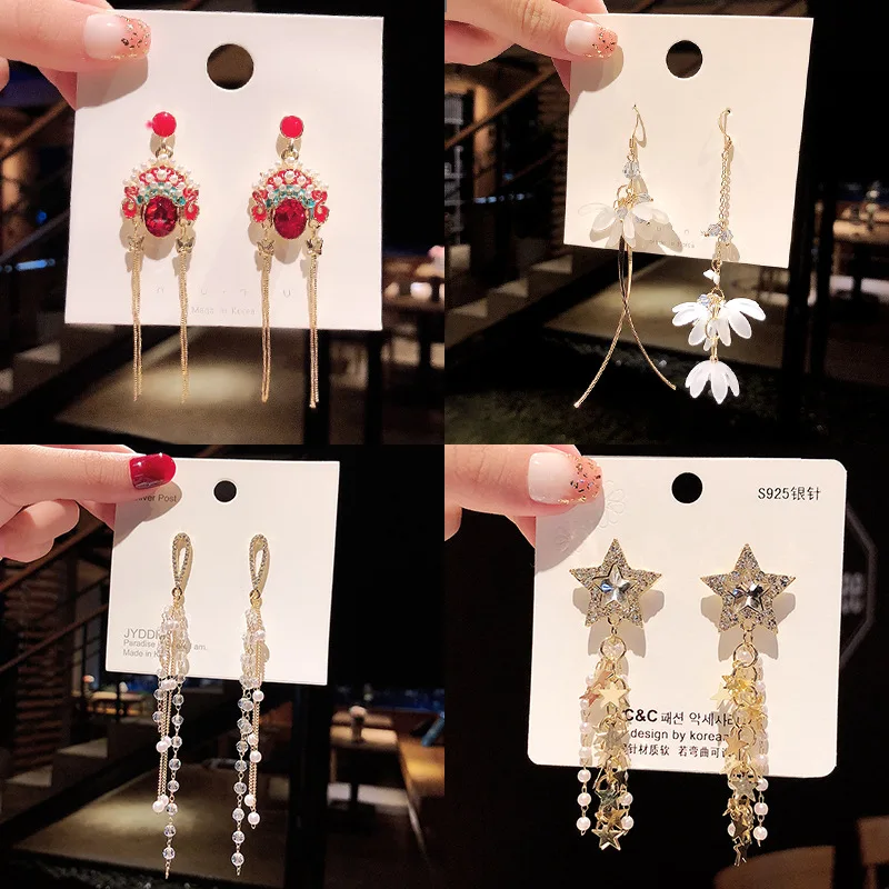 

Silver Needle Imitation Pearl Zircon Tassel Earrings Eardrop Collection South Korea Women Crystal Exaggerated Ear Stud Jewelry