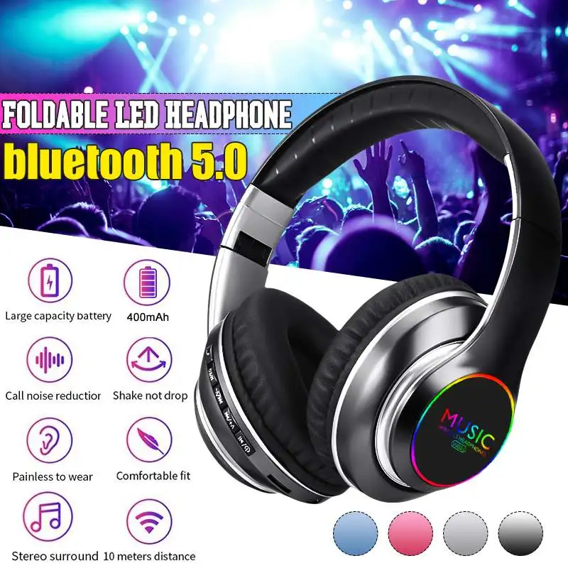 

Складные bluetooth-наушники со светодиодной RGB подсветкой и микрофоном